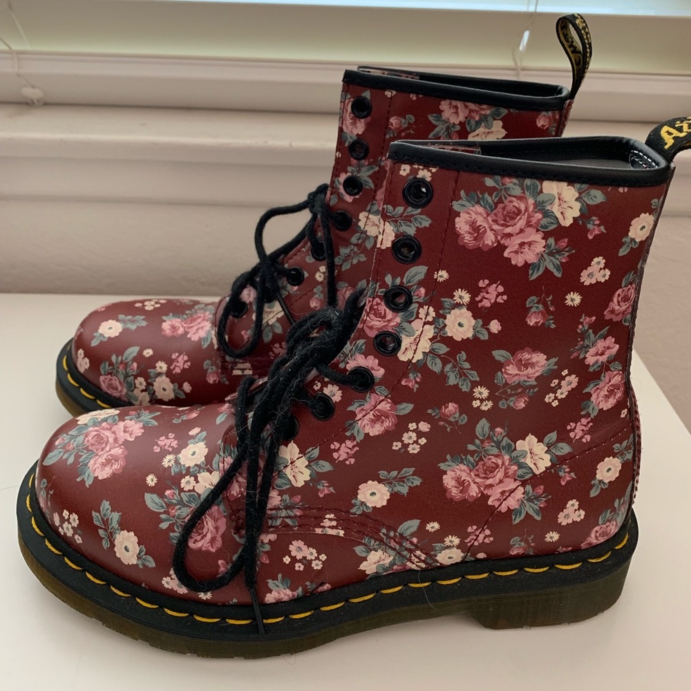maroon flowery doc martens